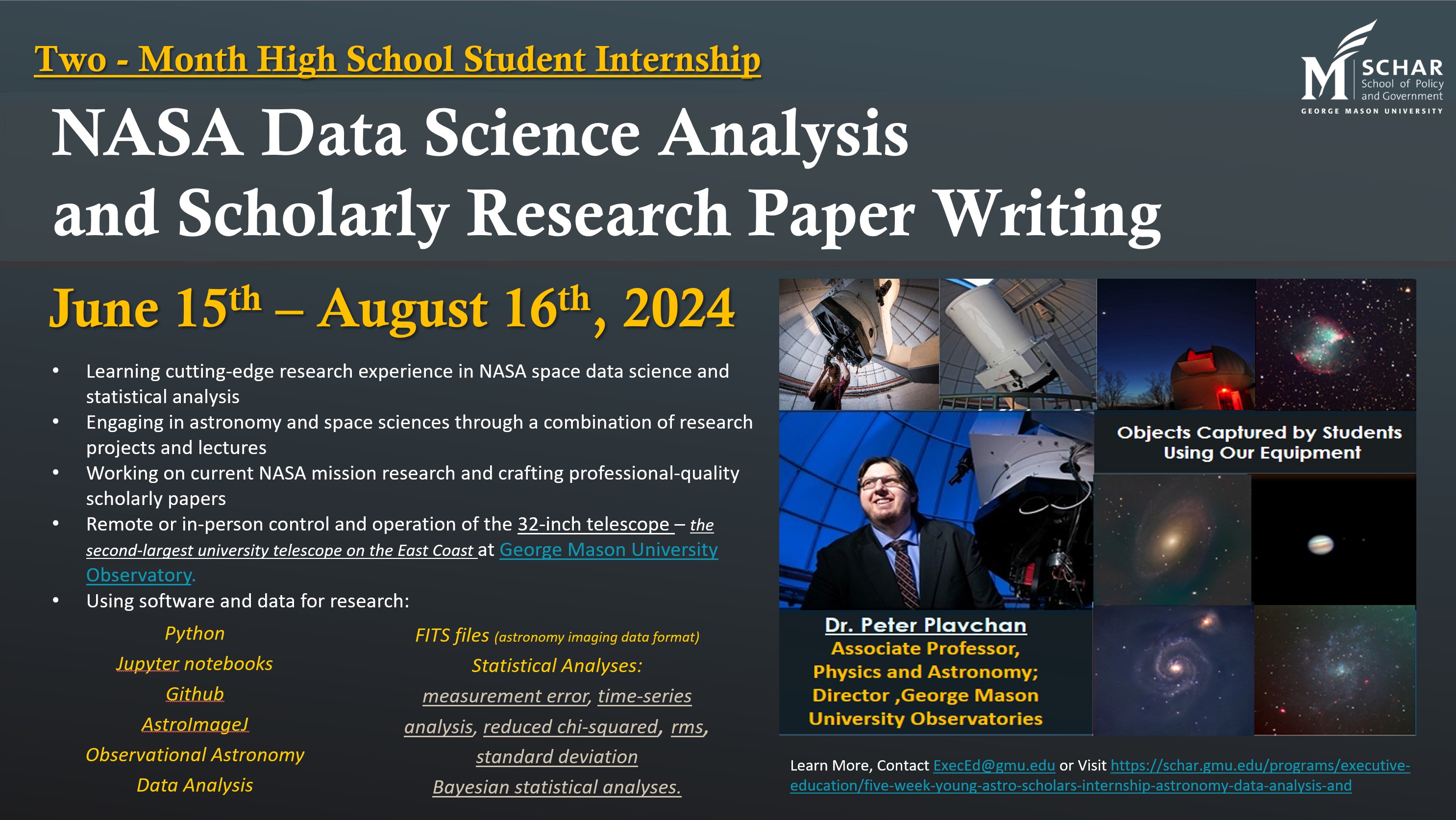 A flyer providing details on the Summer 2024 NASA Data Science Analysis and Scholarly Research Paper Writing two month internship