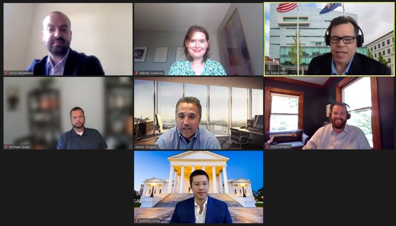 A screenshot of a video call with David Rehr, Mason alumni, and other industry professionals discussing careers in the RPA industry as part of Mason's new RPA Initiative